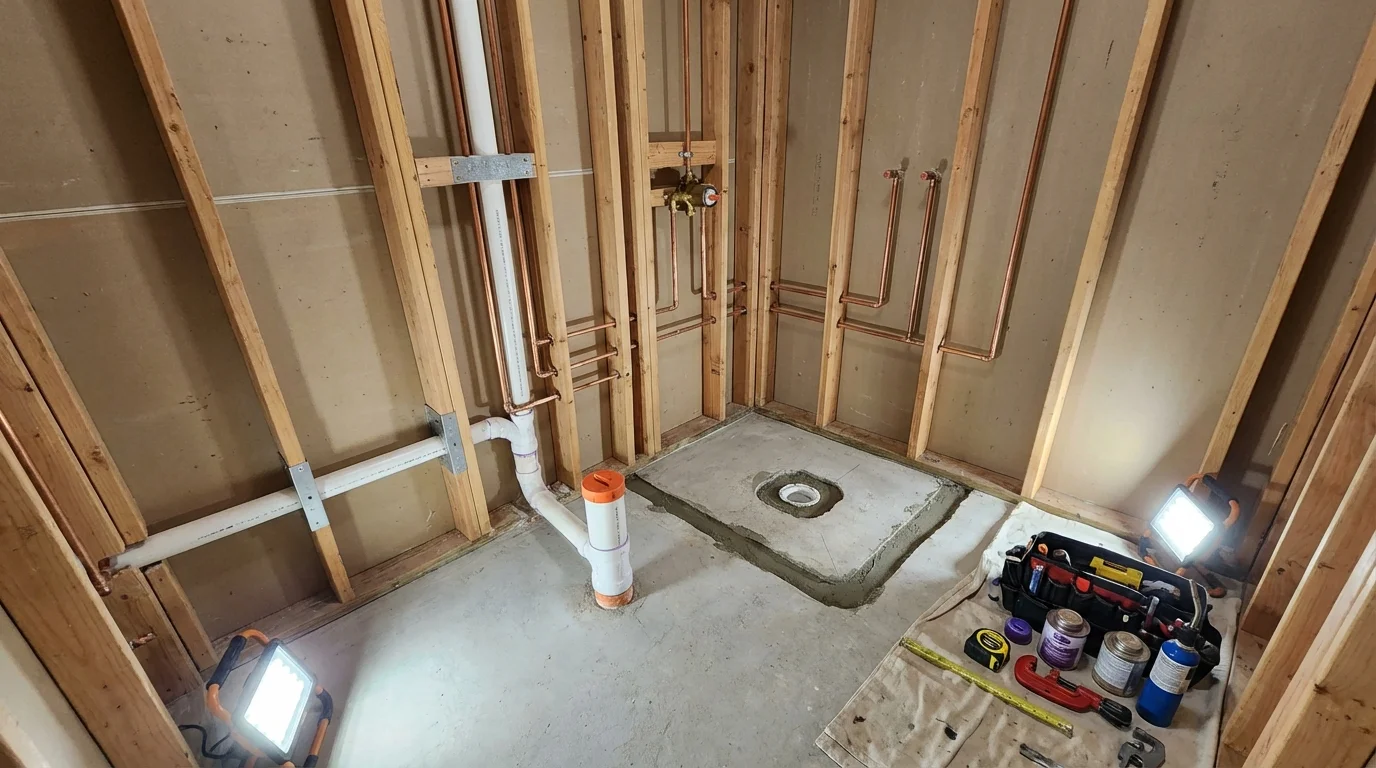 Bathroom rough-in plumbing during remodel by Johns Plumbing LLC in Weimar