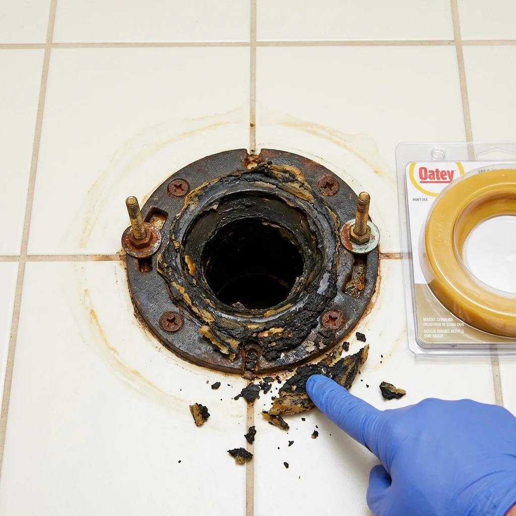 Failed wax ring showing water seepage at the base of a toilet in a Weimar, TX home