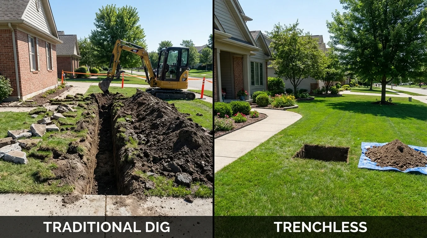 Trenchless sewer repair with minimal yard damage versus traditional excavation in Weimar, TX
