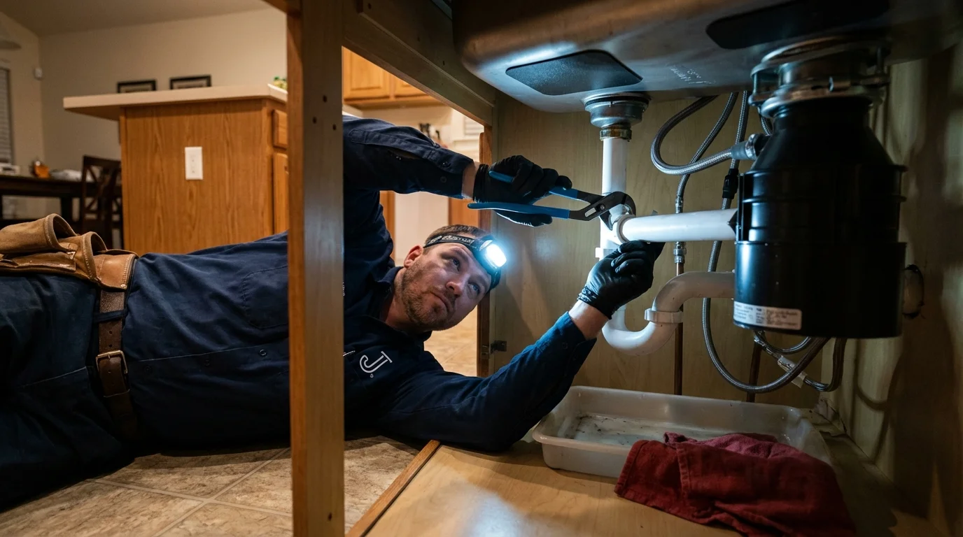 P-trap and supply line connections under a kitchen sink showing a common leak point in Weimar, TX